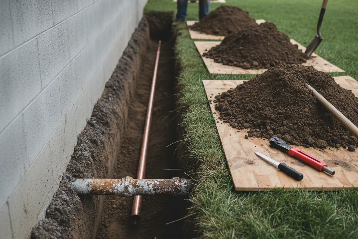 Excavated water line trench during Water Heater Repair in Hammond